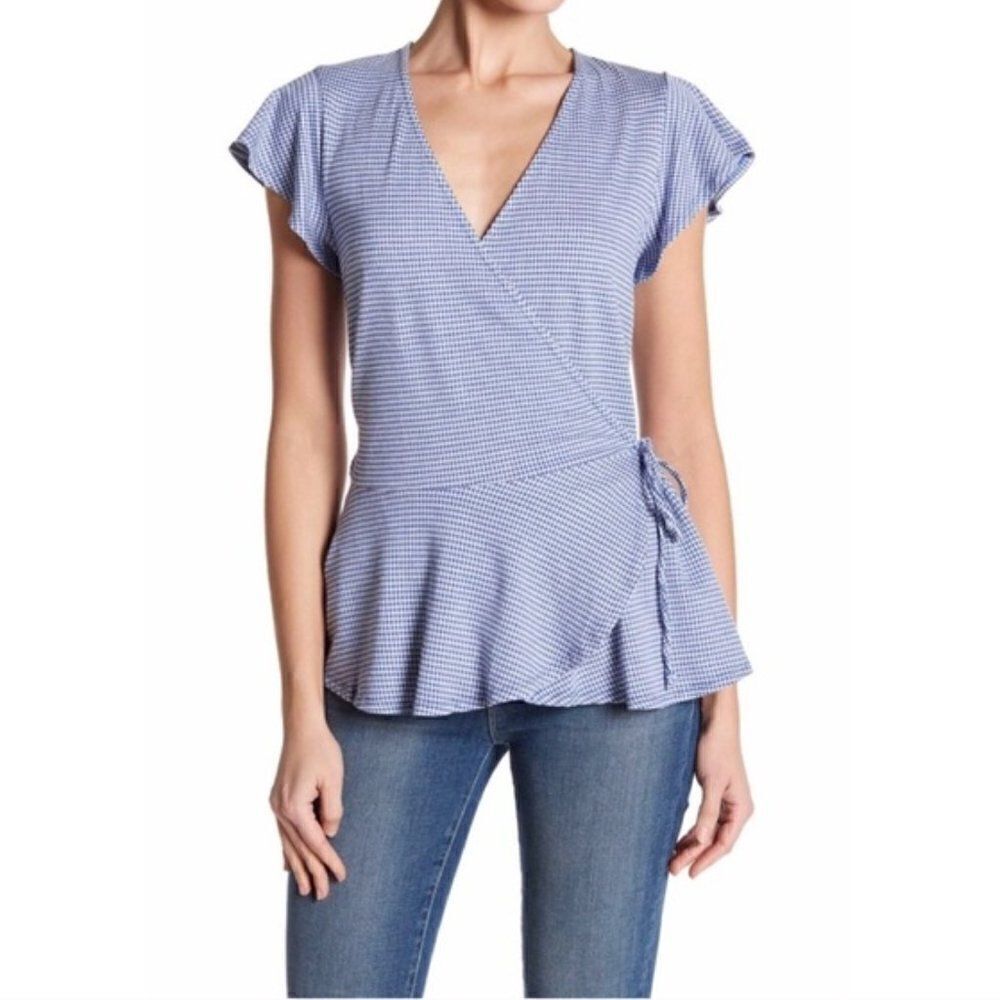 Bobeau Blue Check Sleeve Wrap Top in Size Small Petite
